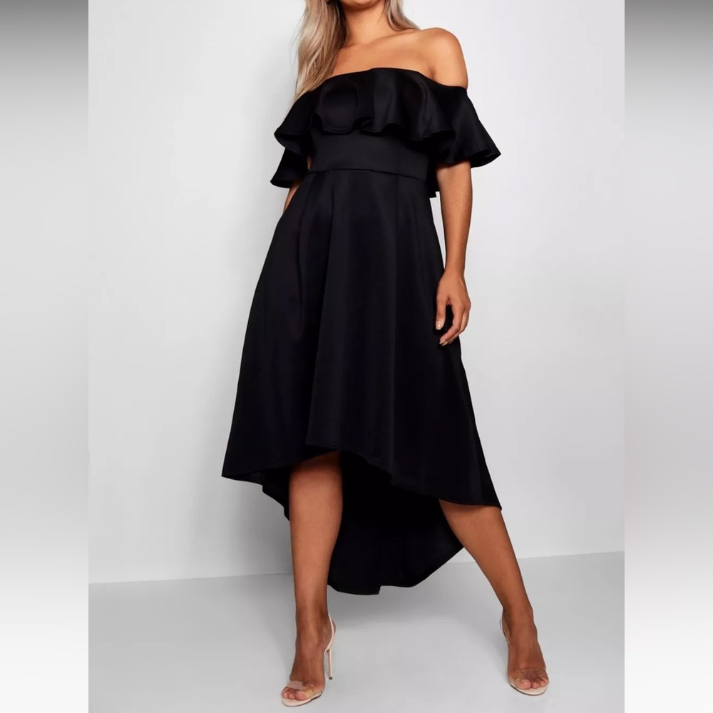 OFF SHOULDER DROPPED HEM
MIDI DRESS